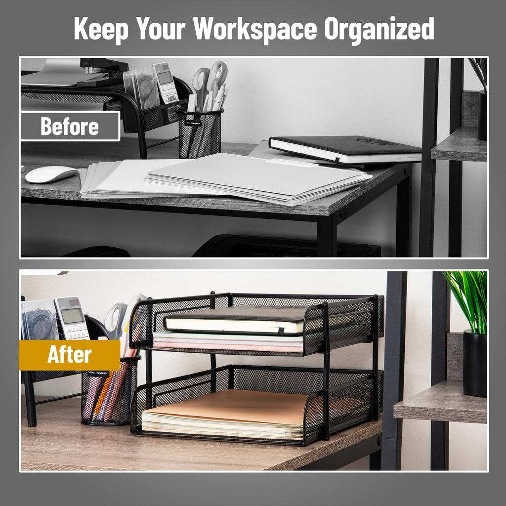 Black 2-Tier Stackable Paper Tray, Metal Mesh Organizer, 10.5x13.25in