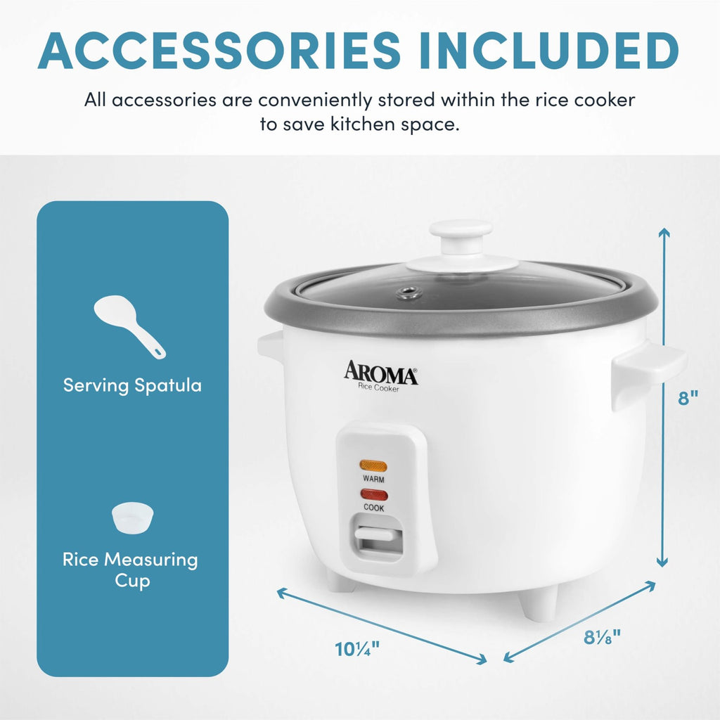 Aroma 6-Cup Rice Cooker, Auto Keep Warm, 1.5 Qt, White, ARC-363NG