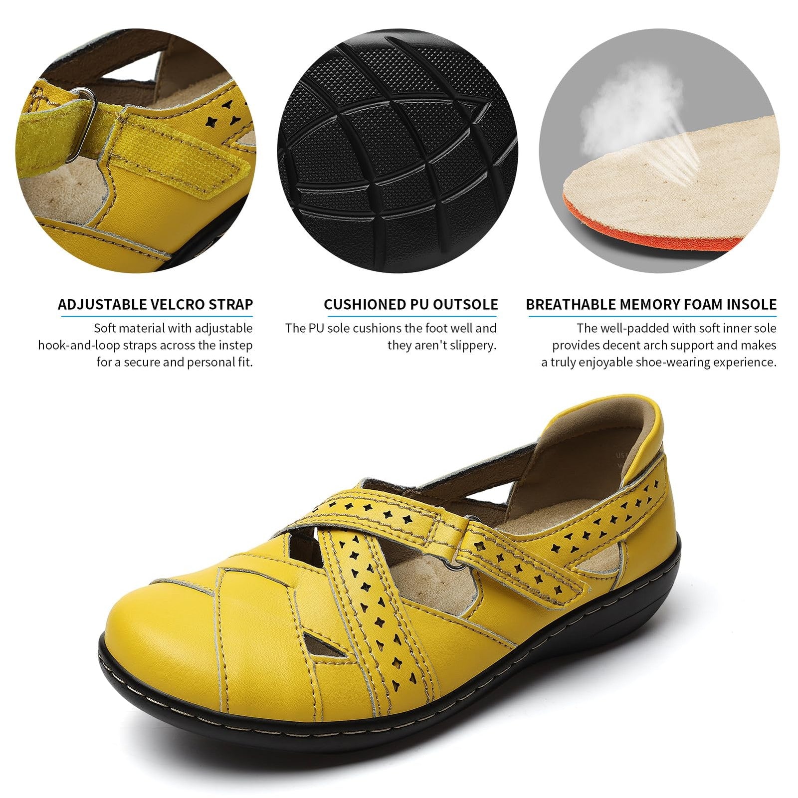 TERRIKAT Women's 6.5 M Yellow Loafers, Slip On Leather Walking Shoes