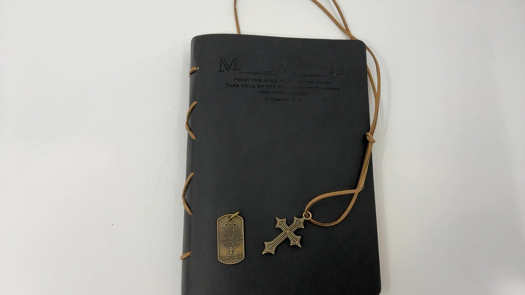 Christian Journal for Men, Black Cover, Scripture & Cross Charm