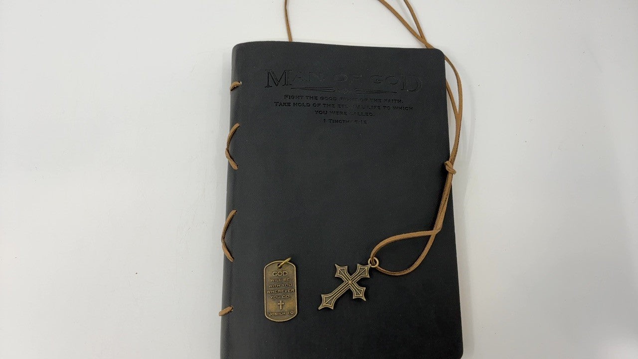 Christian Journal for Men, Black Cover, Scripture & Cross Charm