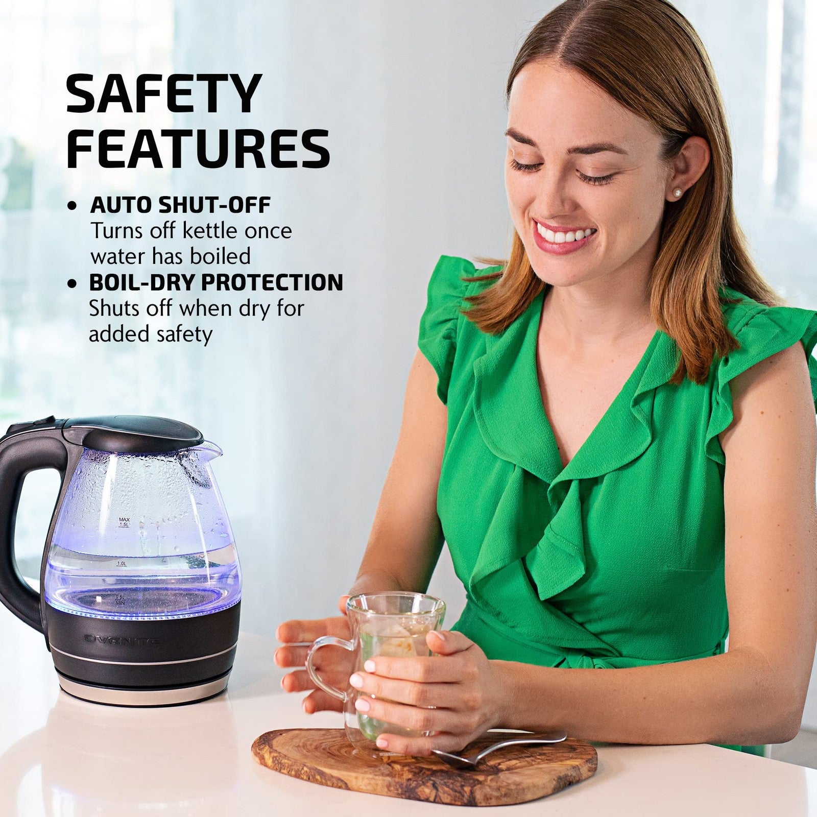 OVENTE 1.5L Glass Electric Kettle Black w/ LED Light & Safety Features