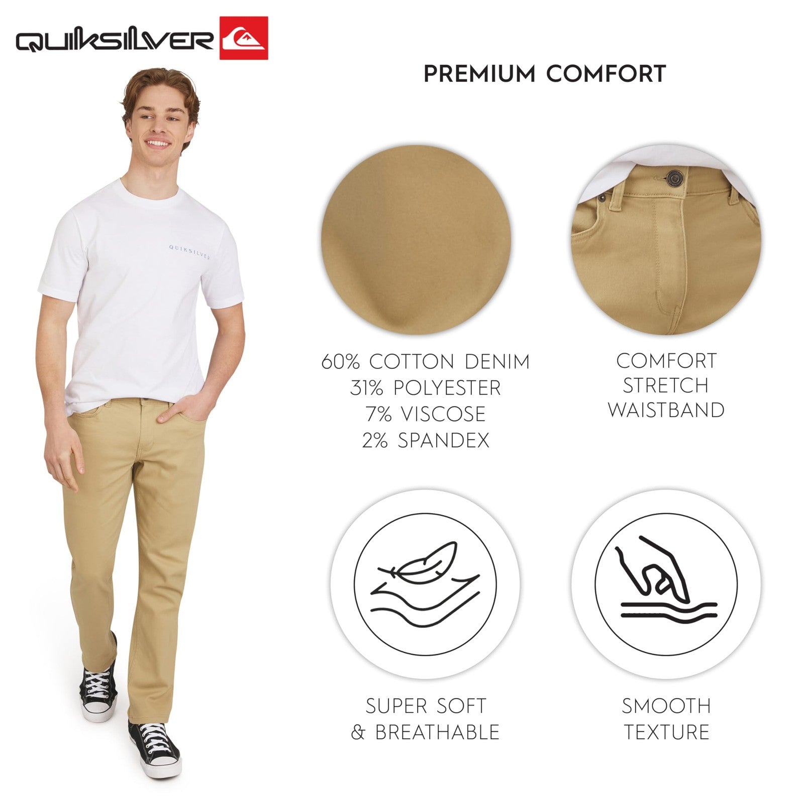 Men's Stretch Fit Chino Pants, Quiksilver, Vintage Khaki, 32W x 32L