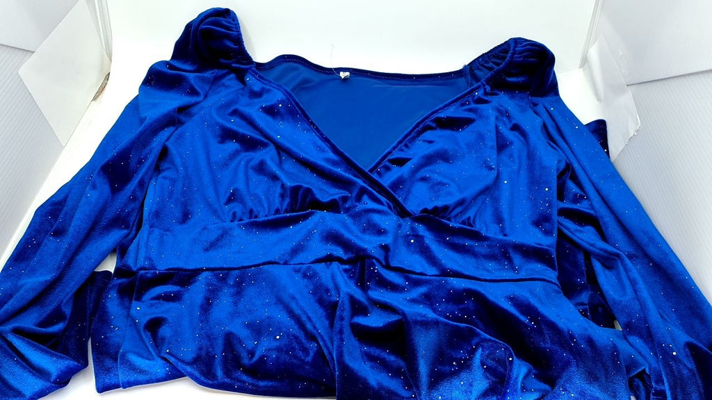 Elegant Blue Velvet Mini Dress, Long Sleeve & Empire Waist, Size XL