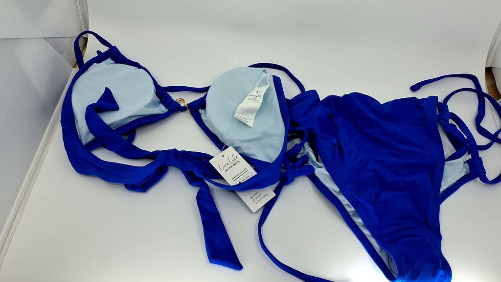 S Royal Blue Two Piece Bikini Set w/ Plunging Neck & Strappy Side Tie