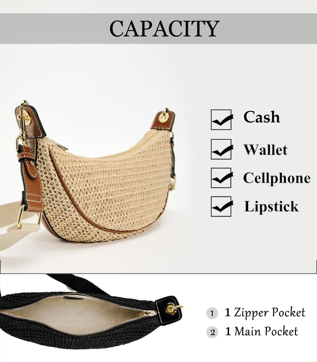 Khaki Straw Crossbody Bag for Women w/ Adjustable Strap - Summer Chic