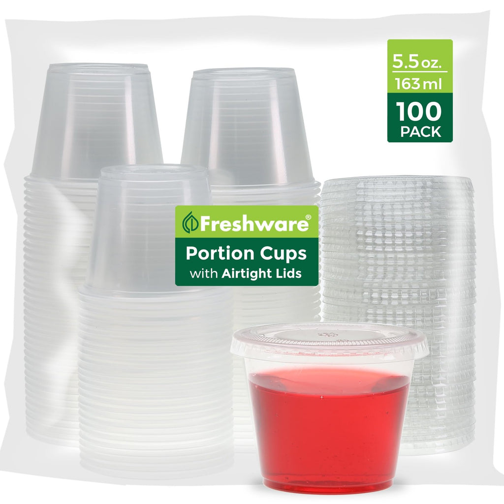 100 Sets 5.5 Oz Plastic Cups w/ Lids - Souffle & Condiment Containers