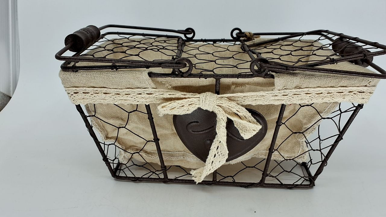 Decorative Metal Picnic Basket w/ Wooden Handles & Cream Fabric Liner