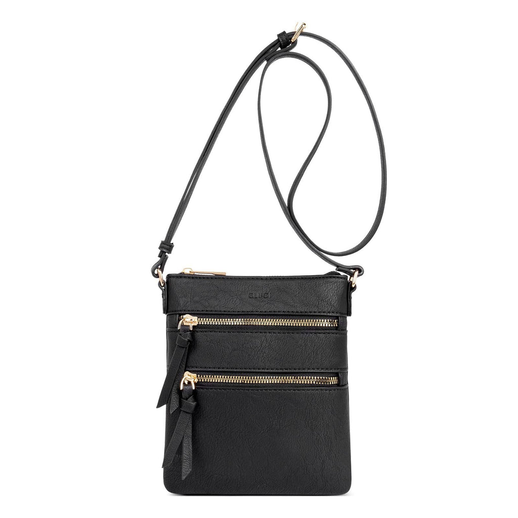 Small Black Crossbody Handbag w/ Adjustable Strap & Multi Zipper Pockets