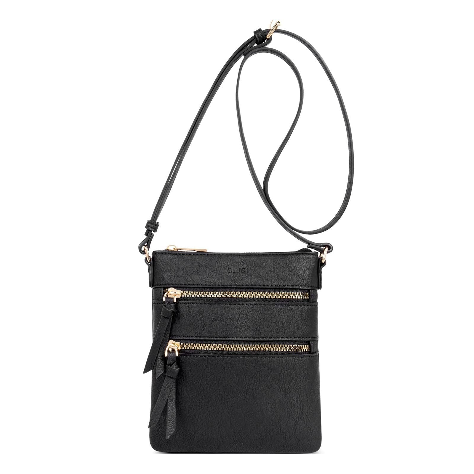 Small Black Crossbody Handbag w/ Adjustable Strap & Multi Zipper Pockets