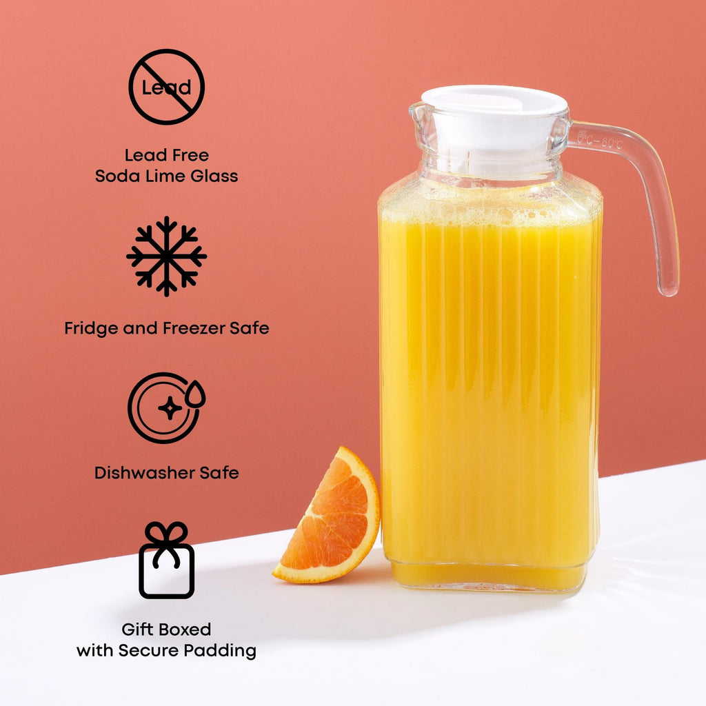 60oz Beverage Pitcher w/ 2 Lids - Dishwasher Safe Glass Jug for Drinks