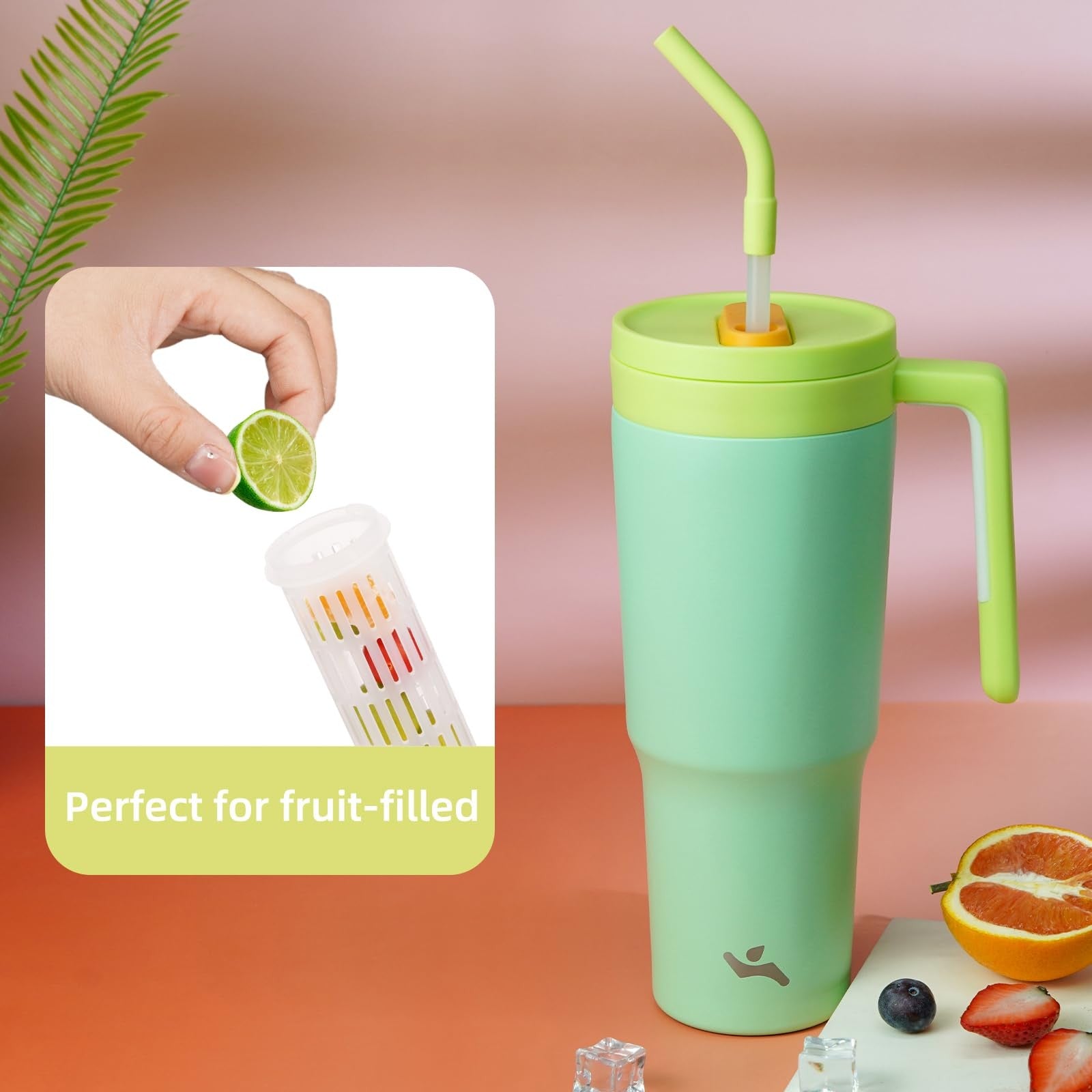 40 OZ Insulated Tumbler w/ Handle & Straw, Mist Blue Stainless Steel