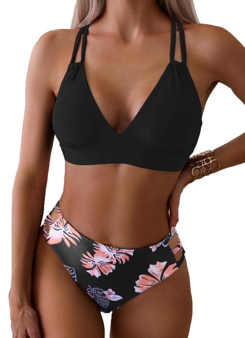 Black Floral Women's Push Up Bikini Set w/ Criss Cross Straps