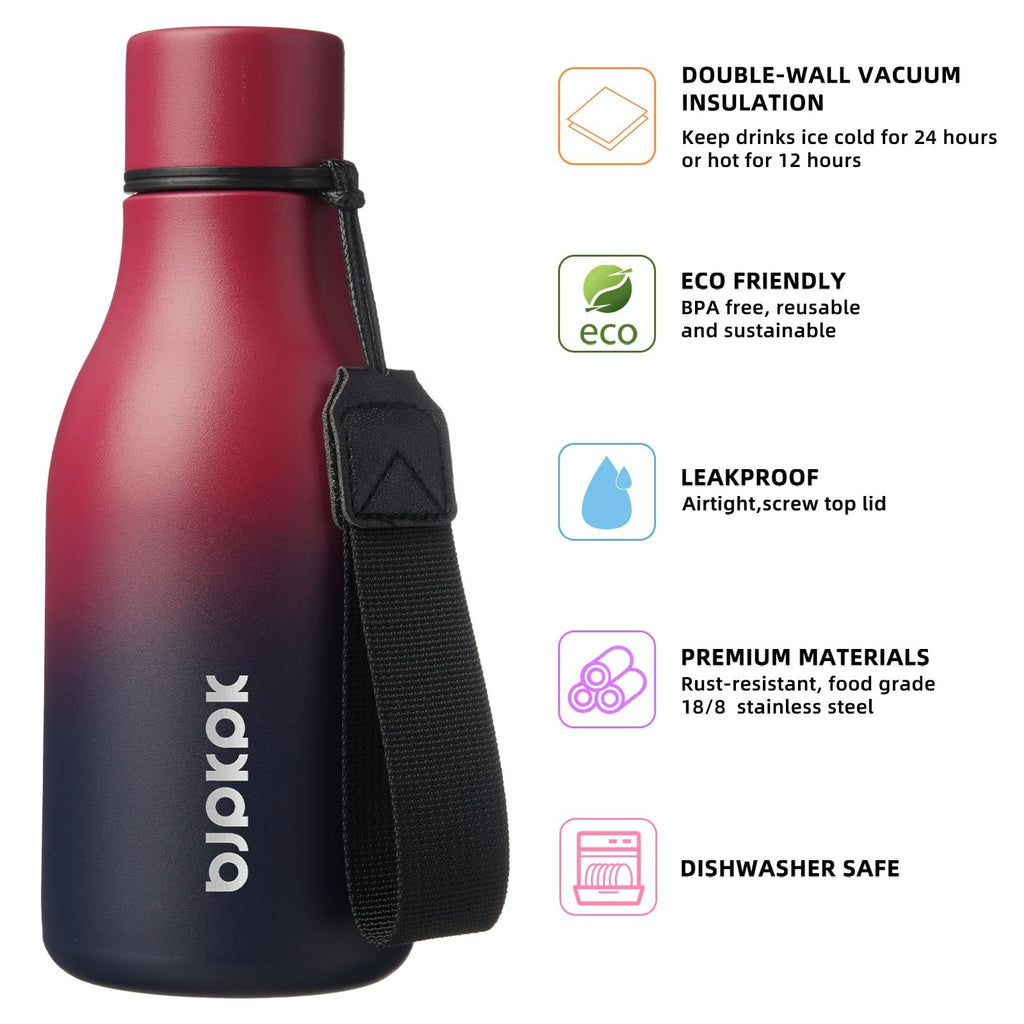 BJPKPK 12oz Stainless Steel Water Bottle w/ Strap, Leak Proof, Black Red