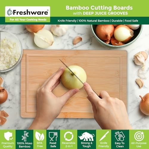 Organic Bamboo Cutting Boards Set of 3, 9x6, 12x8, 15x10, Juice Grooves
