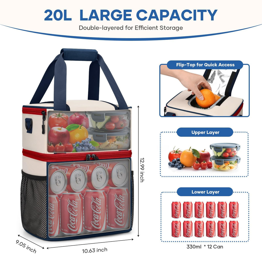 20L Insulated Lunch Bag, Leakproof Double Deck Cooler, Blue-Beige
