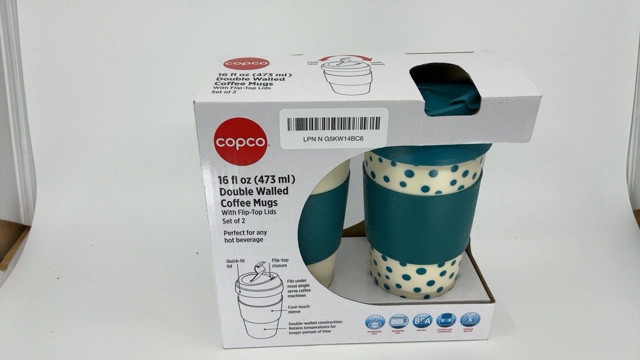 Copco Set of 2 Insulated Travel Mugs 16oz White/Teal Double Wall