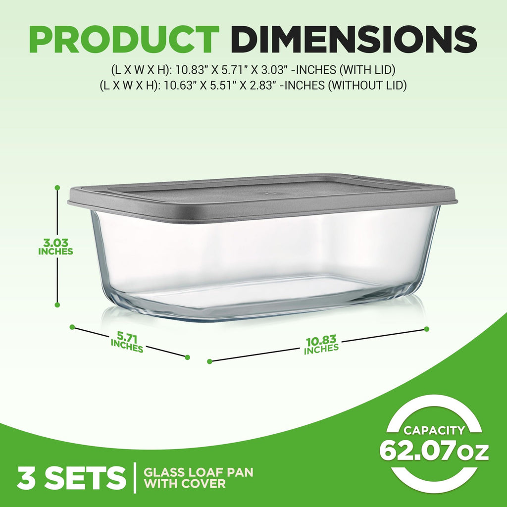 6 Piece Glass Loaf Pan Set w/ Lids - 1.9 QT/62oz - Oven & Microwave Safe