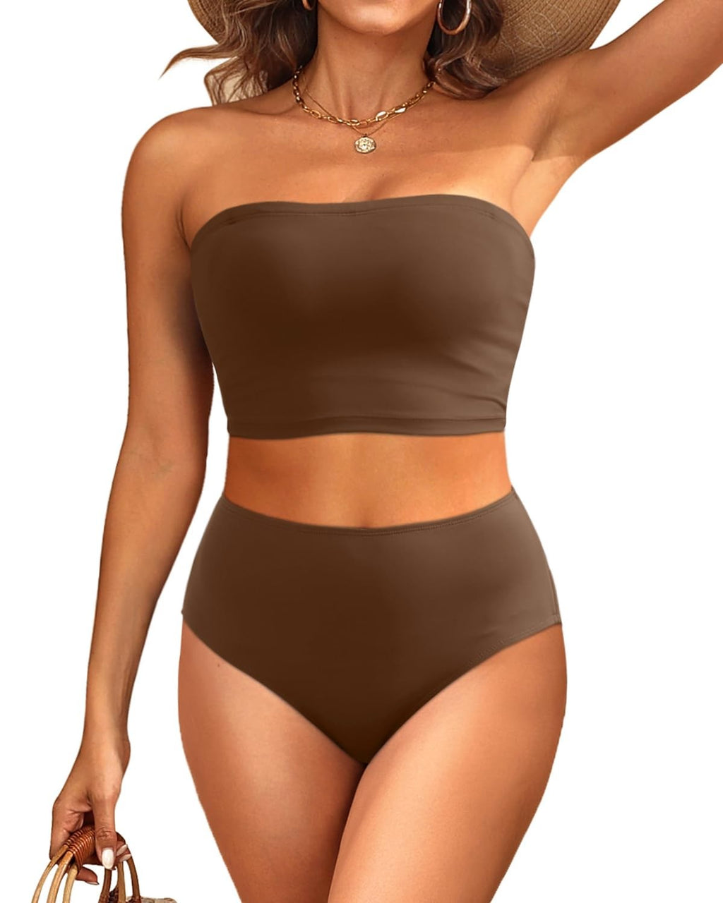 XXL Brown Strapless High Waisted Bikini Set Longline Swimsuit