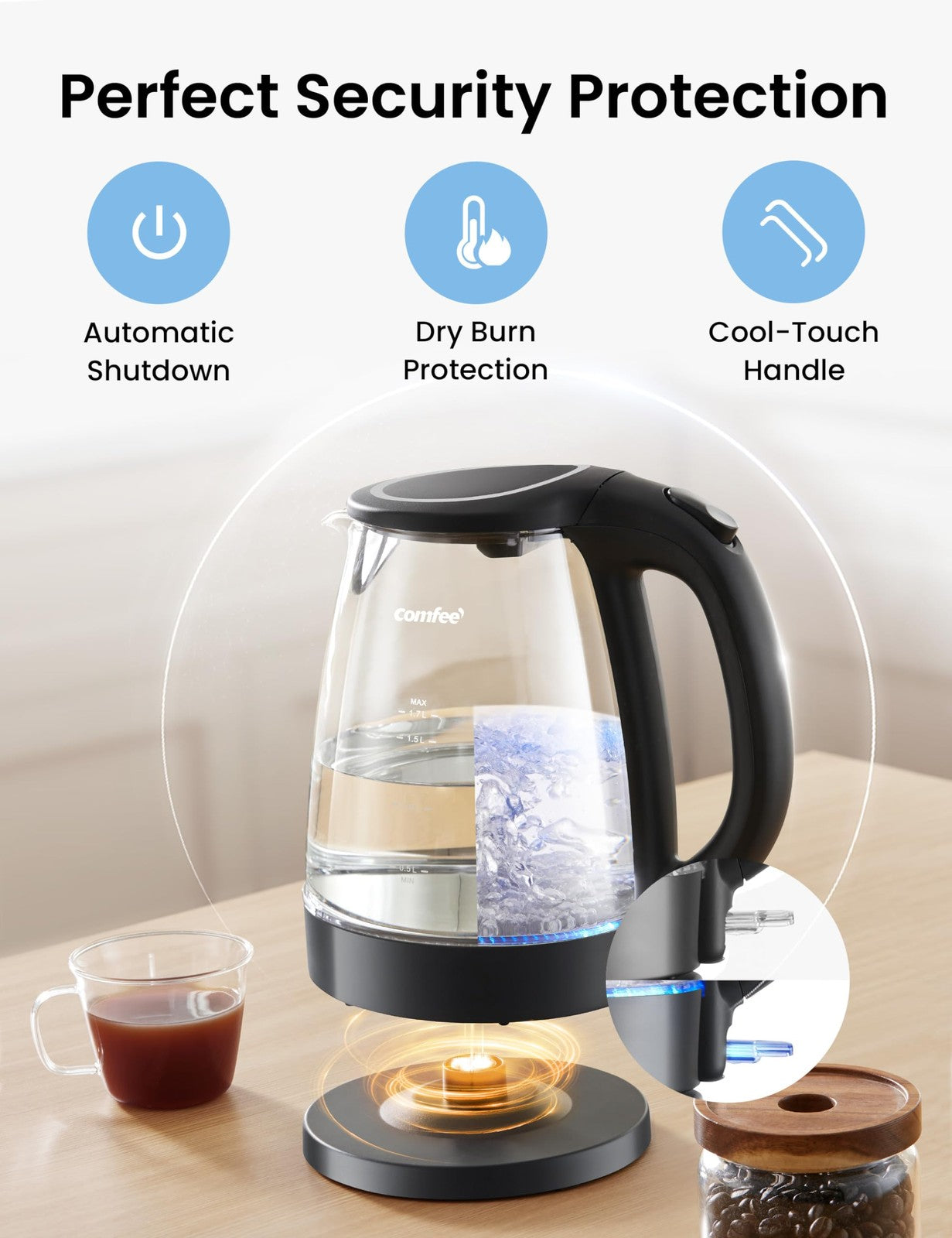 COMFEE' 1.7L Electric Kettle, Fast Boil, Glass, Auto Shut-Off, BPA Free