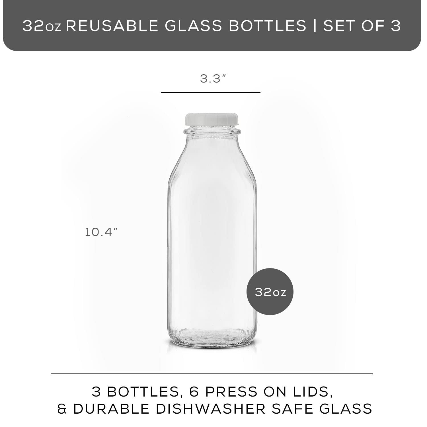 Airtight 32 Oz Glass Milk Bottles – 3 Pack w/ Lids & Pourer, Dishwasher Safe