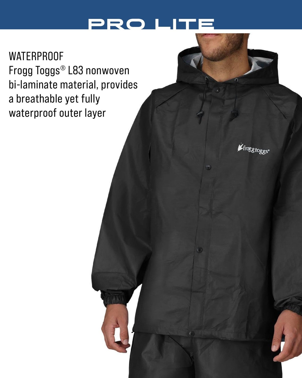 Frogg Toggs Pro Lite Rain Suit, Carbon Black, M/L, Waterproof & Breathable