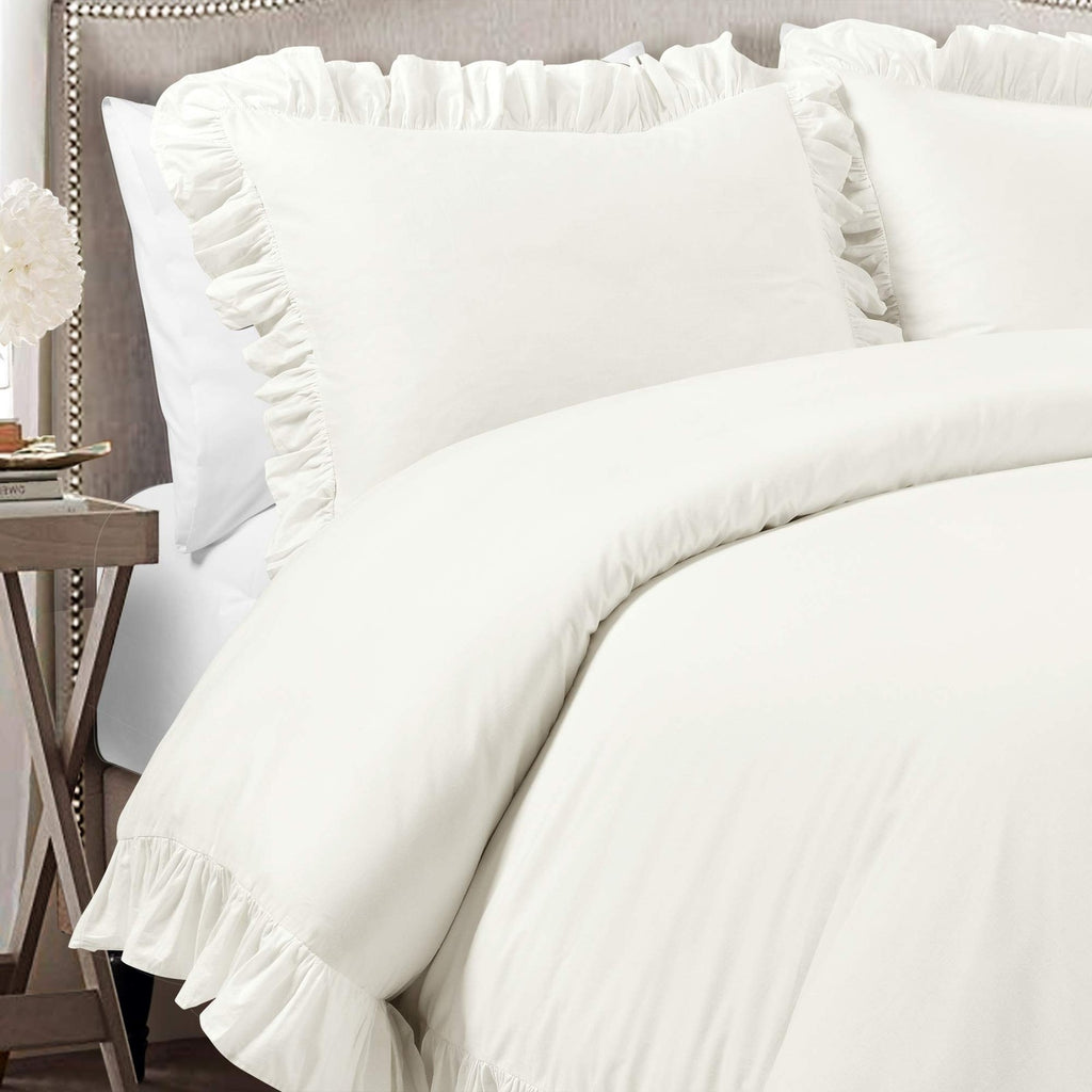 Reyna Ruffle Cotton Duvet Cover Set 3 Pc Full/Queen White Bedding