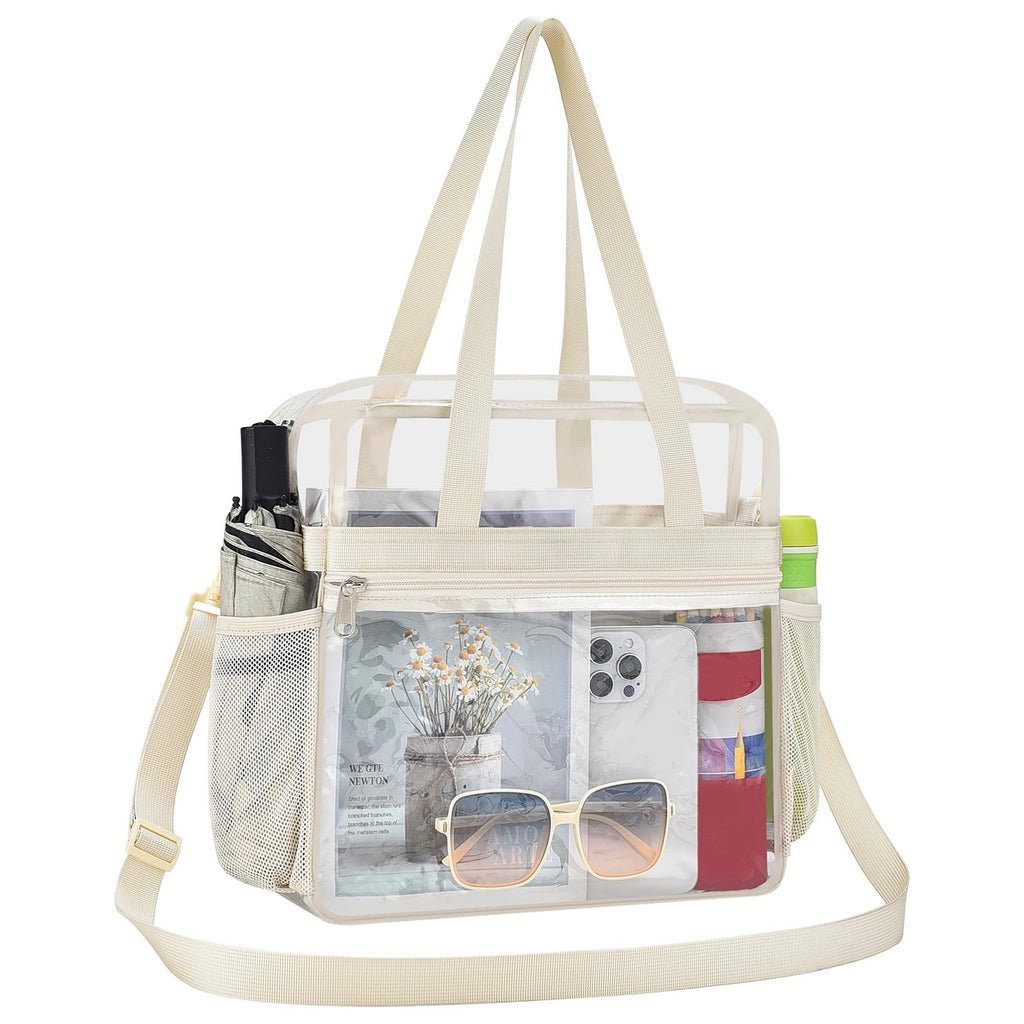 Large Clear Tote Bag 12x6x12 - Stadium Approved, Cream, w/ Shoulder Strap