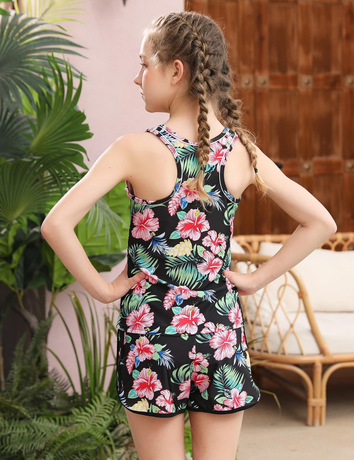 Hawaiian Floral Girls Tankini Swimsuit Size 10-11 w/ Shorts