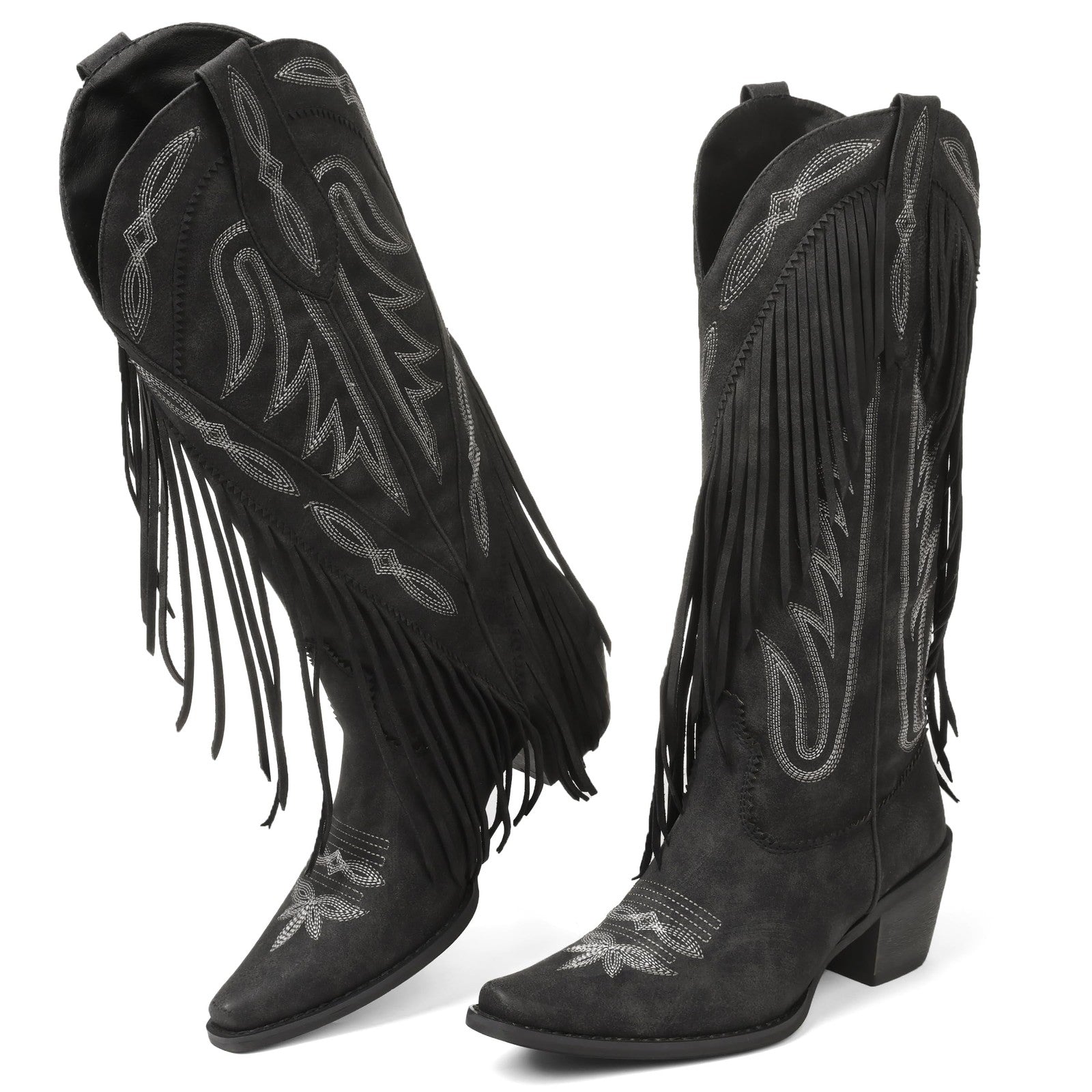 Mid Calf Black Suede Cowgirl Boots, Size 9.5, Retro Style, Chunky Heel