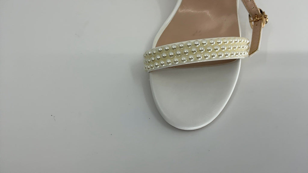 2.95'' Pearls Block Heels Sandals Beige 8 Peep Toe Rhinestone Pumps