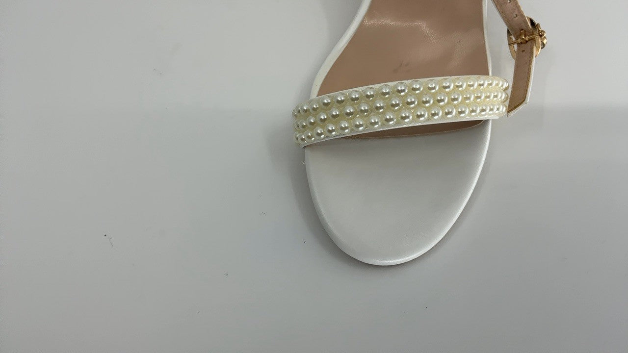 2.95'' Pearls Block Heels Sandals Beige 8 Peep Toe Rhinestone Pumps