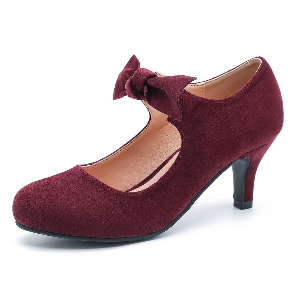 Cute Low Heel Mary Jane Pumps w/ Bow Size 8.5 Burgundy Suede