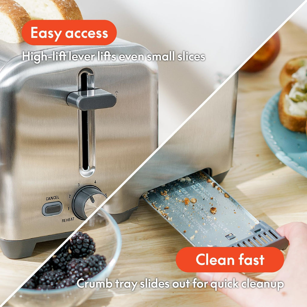 Bella Stainless Steel 2 Slice Toaster, Extra Wide Slots, 6 Browning Options