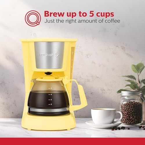 5 Cup Drip Coffee Maker, Yellow, Compact Design w/ Auto Pause & Serve
