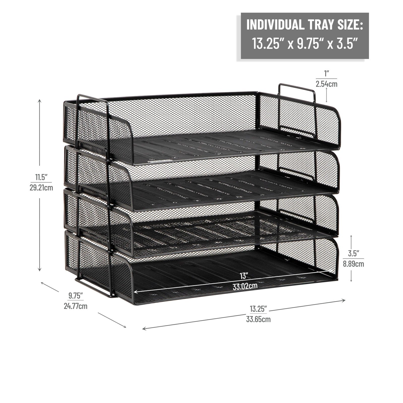 Black Stackable Paper Tray Set, 4 Pcs, Metal Mesh, Office Storage