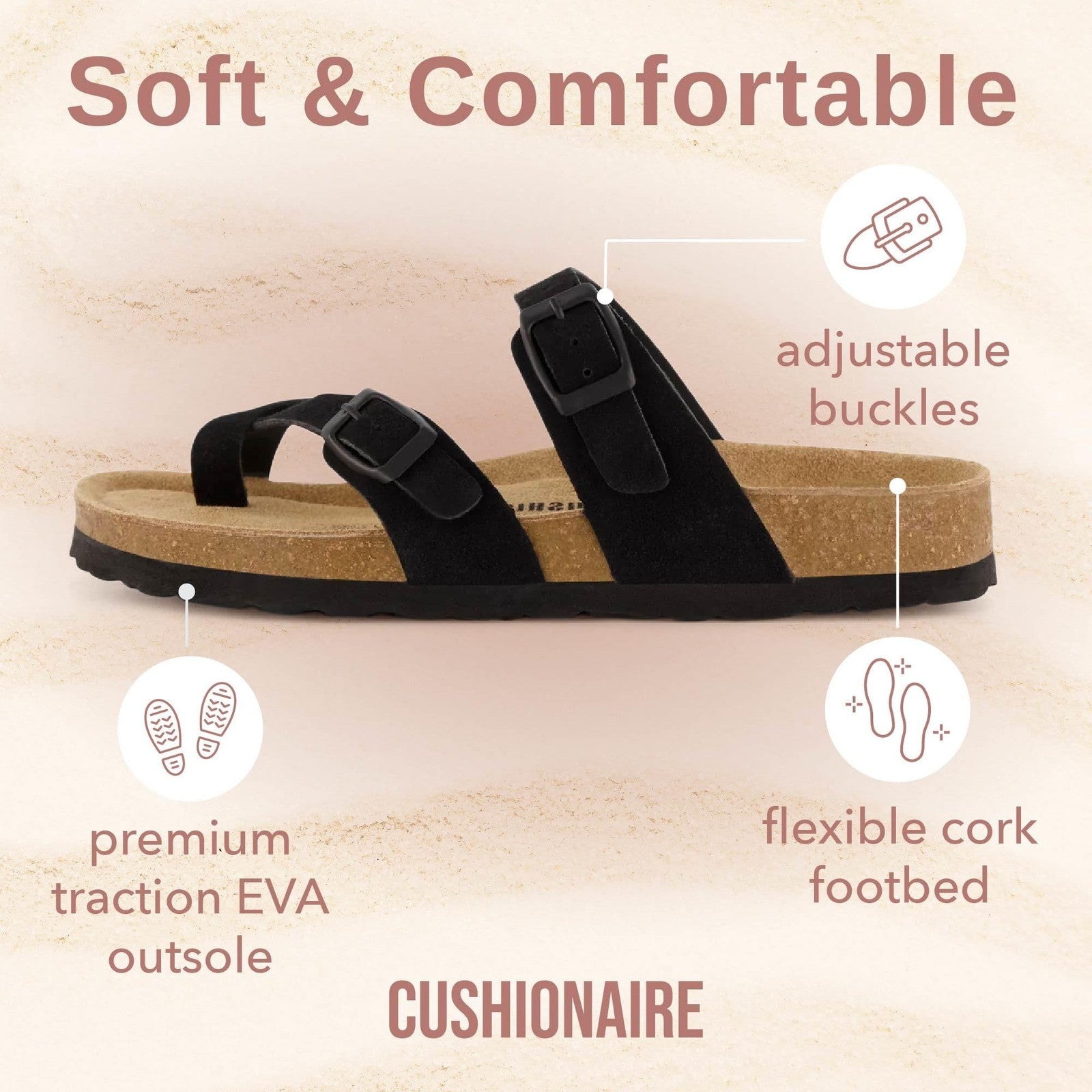 Cushionaire Luna Crossover Sandals Black 10W Cork Footbed Slides