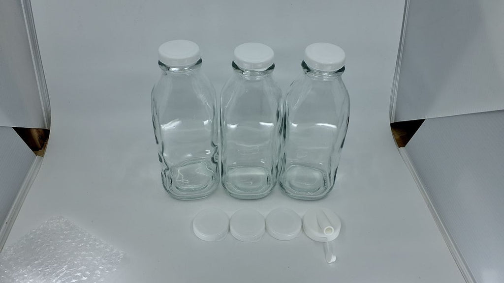 32 Oz Glass Milk Bottles, 3 Pack w/ Lids & Pourer, Leakproof, BPA-Free