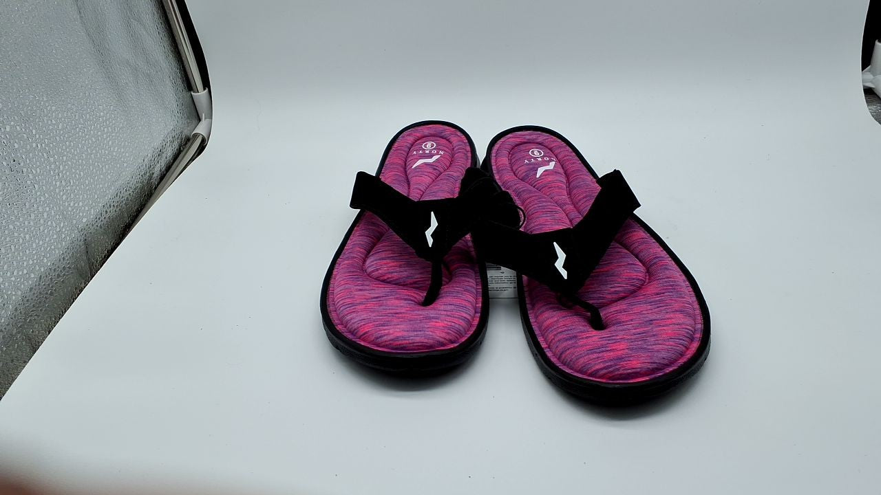 Womens Memory Foam Sandals, Norty Flip Flops, Black & Fuchsia, Size 9