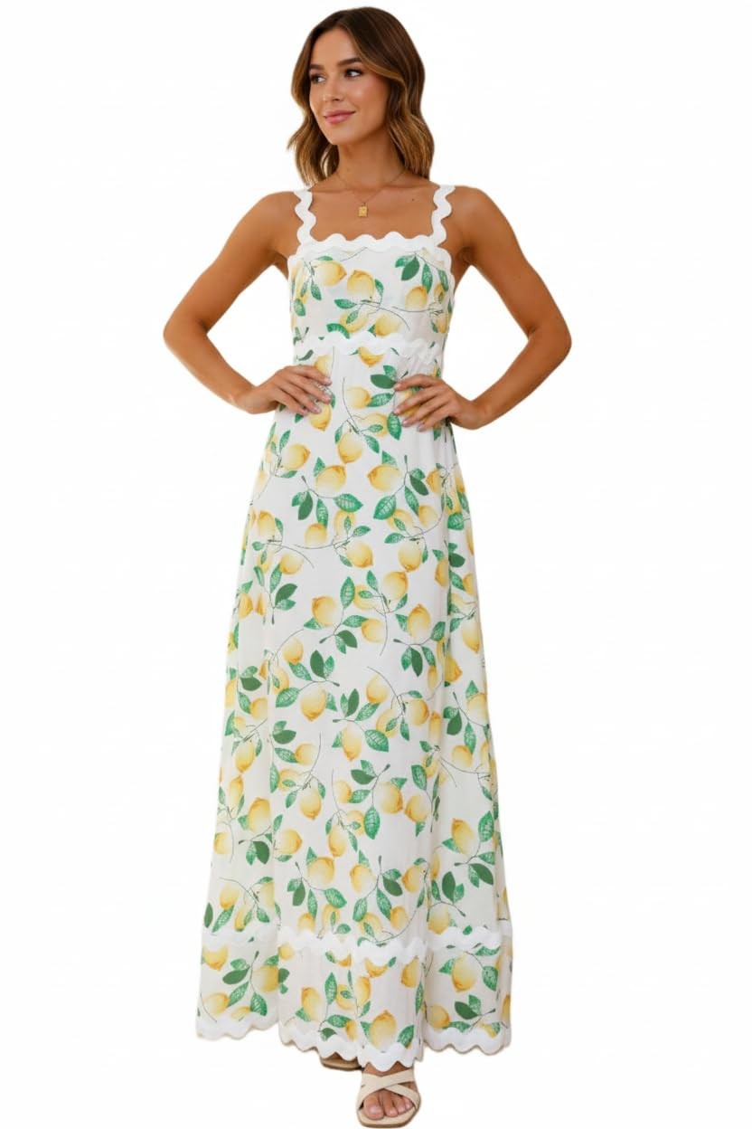 LunaJany Women's Midi Dress Lemon Print Sleeveless Casual M