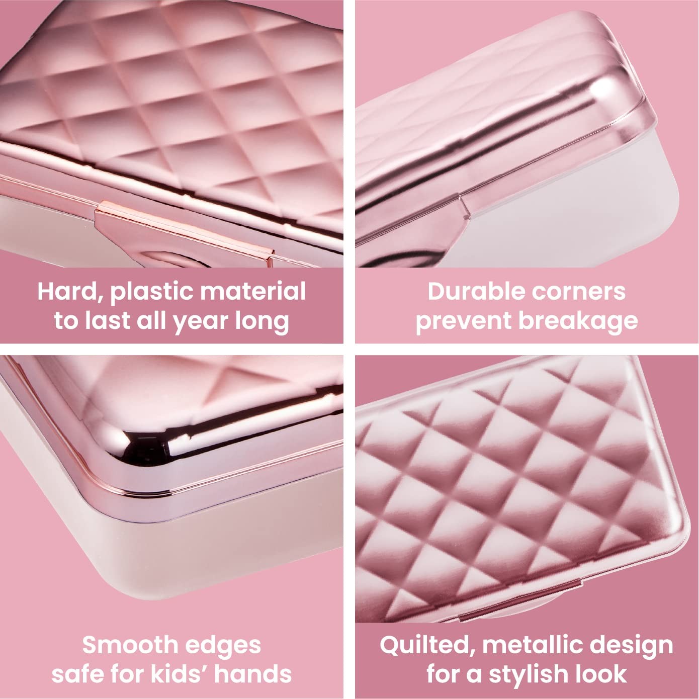 Hard Plastic Pencil Case, Quilted Rose Gold, Ideal for School Supplies