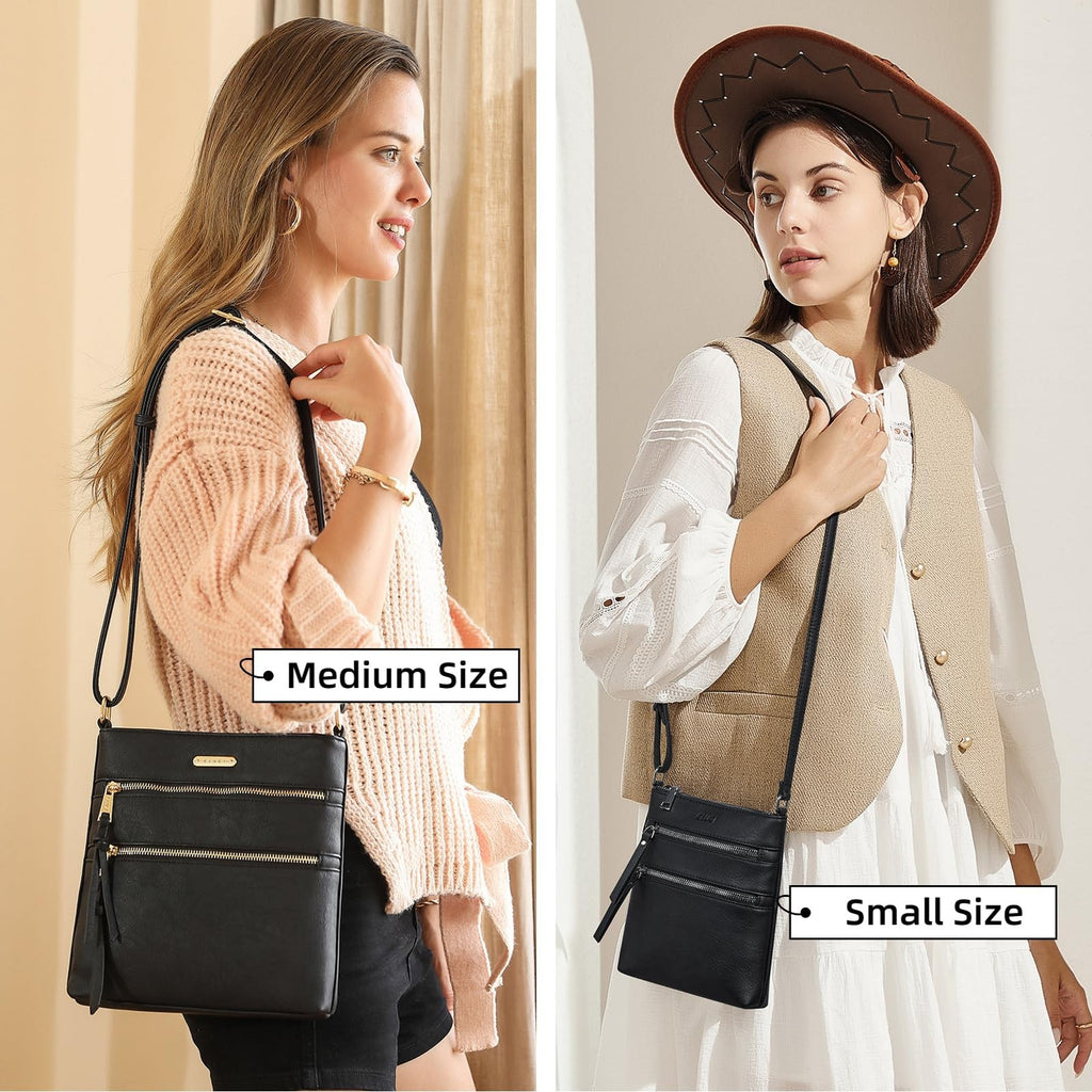 Small Black Crossbody Handbag w/ Adjustable Strap & Multi Zipper Pockets