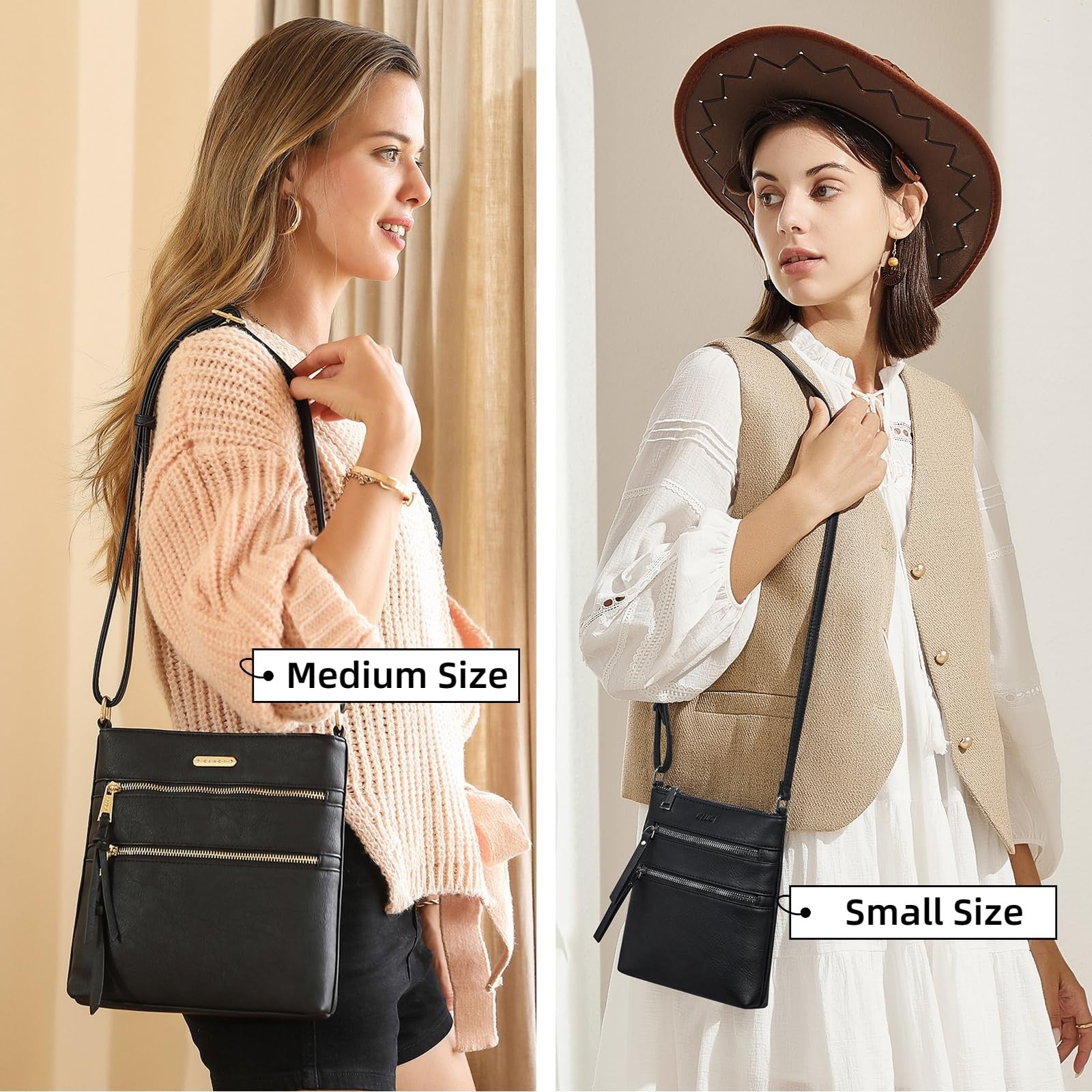 Small Black Crossbody Handbag w/ Adjustable Strap & Multi Zipper Pockets