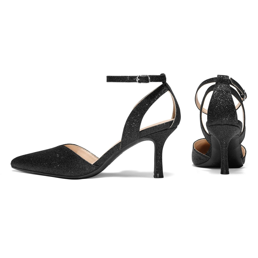 Size 7 Black Glitter Ankle Strap Kitten Heels, Pointed Toe