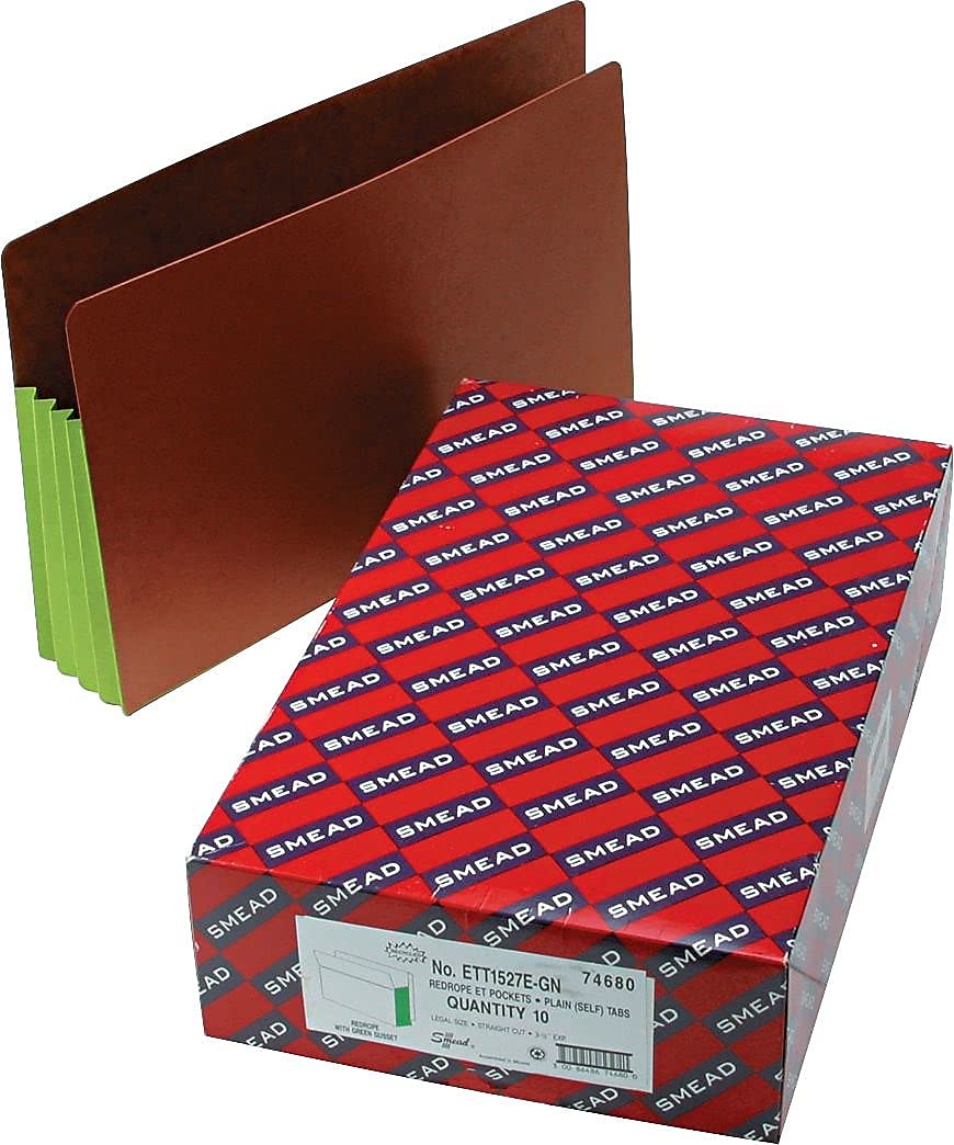 Smead End Tab Pocket, Reinforced Straight-Cut Tab, 3-1/2" Expansion, Extra Wide Legal Size, Redrope with Green Gusset, 10 per Box (74680) - Image 2