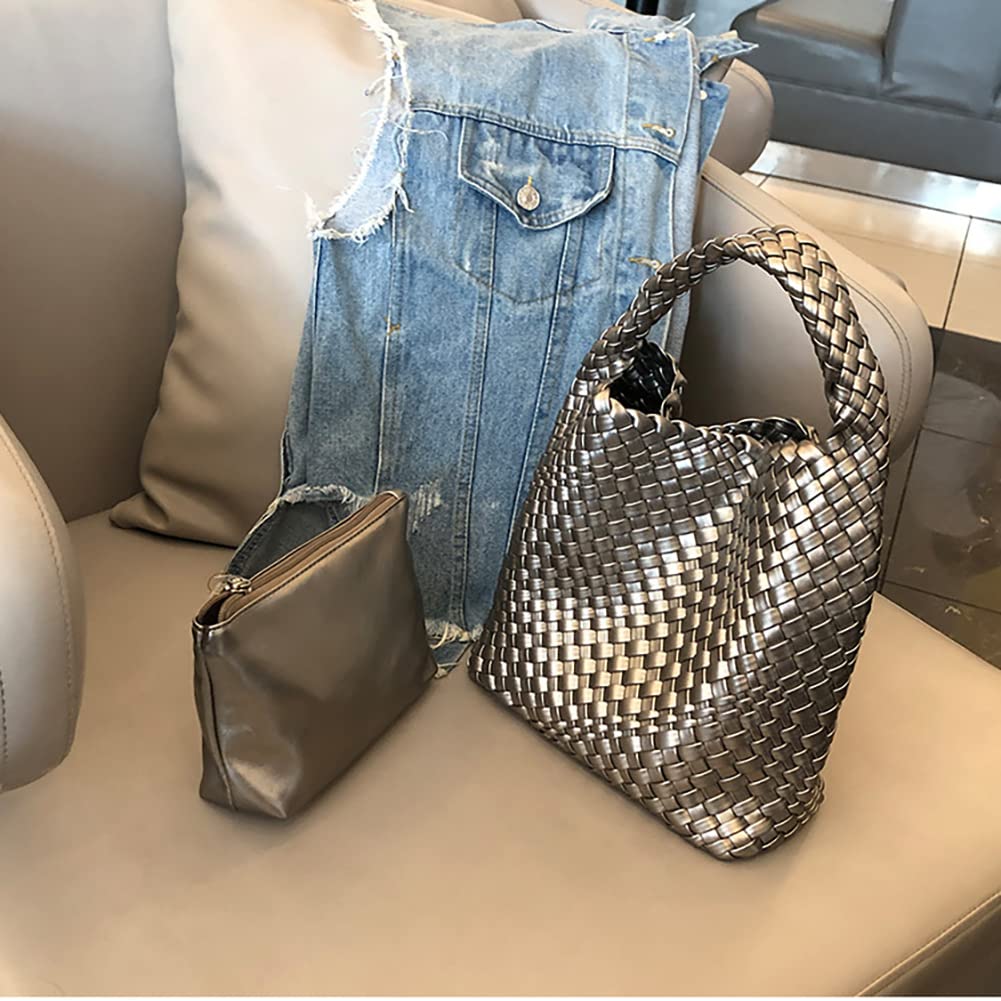 Woven Leather Top-handle Bags for Women Hand Woven Tote Handbag Designer Travel Shoulder Bucket Purse Handmade Fashion Hobo Bag - Image 3