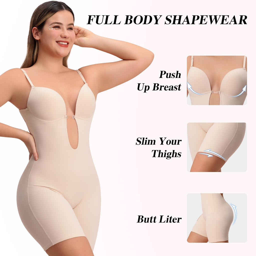 Slimers Backless Shapewear Strapless Bodysuit - Low Back Women Body Shaper : Slimming Built In Bra With Plunge Beige - Image 2