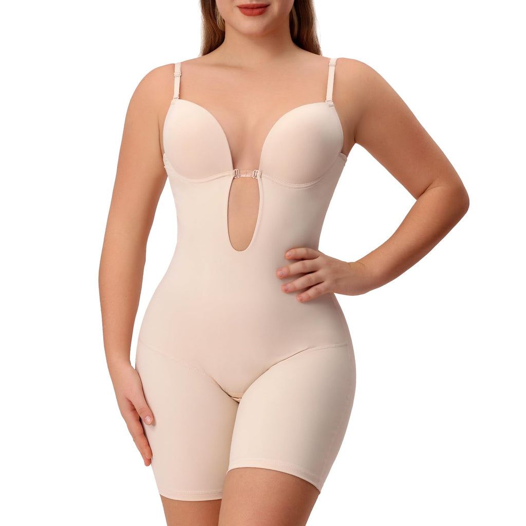 Slimers Backless Shapewear Strapless Bodysuit - Low Back Women Body Shaper : Slimming Built In Bra With Plunge Beige - Image 1
