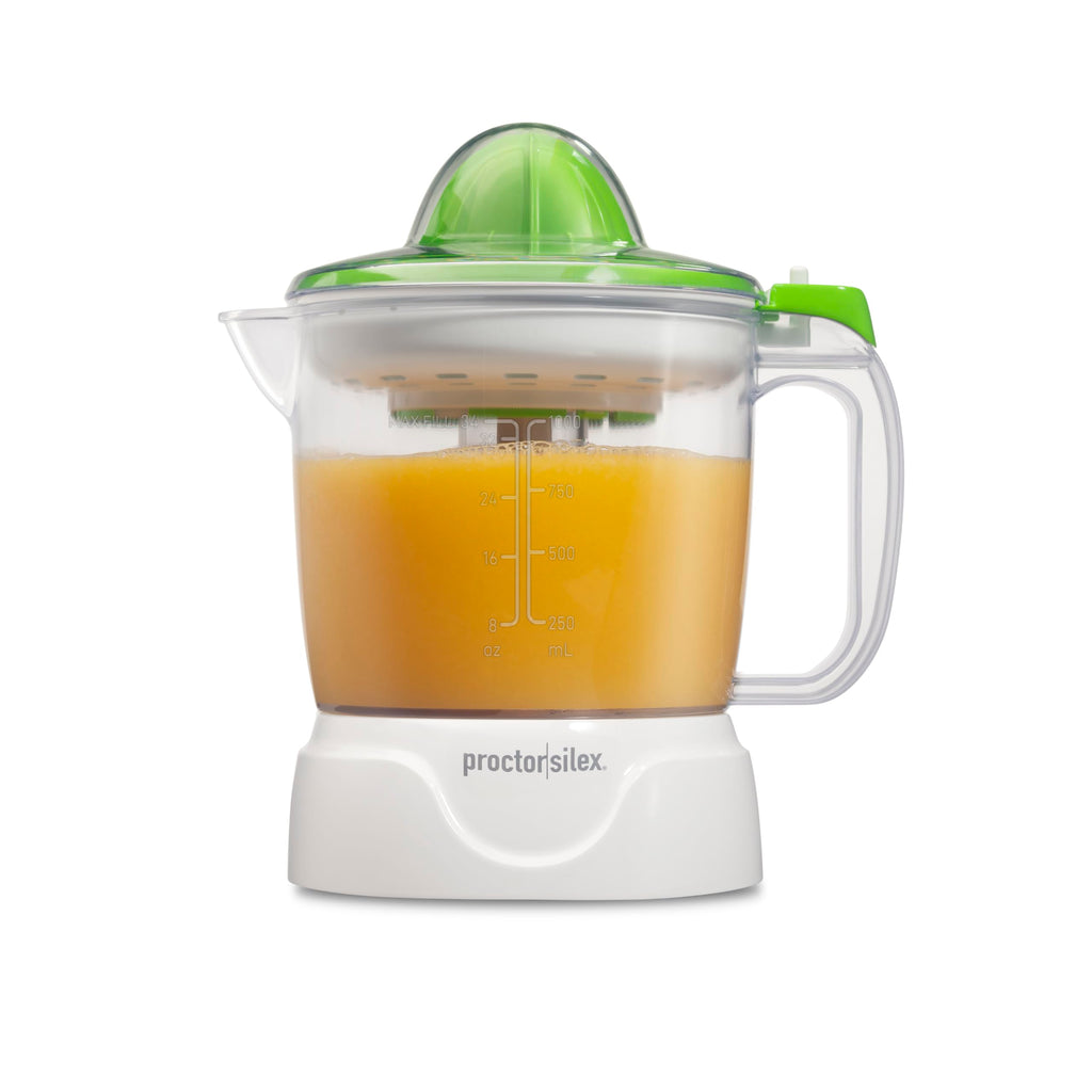 Proctor Silex Electric Citrus Juicer Machine, Large 34 oz. Pitcher, Pressure Activated, 2 Reamers for Big and Small Fruit, Pulp Control, for Orange, Lemon, Grapefruit Juice, White & Green (66340) - Image 1