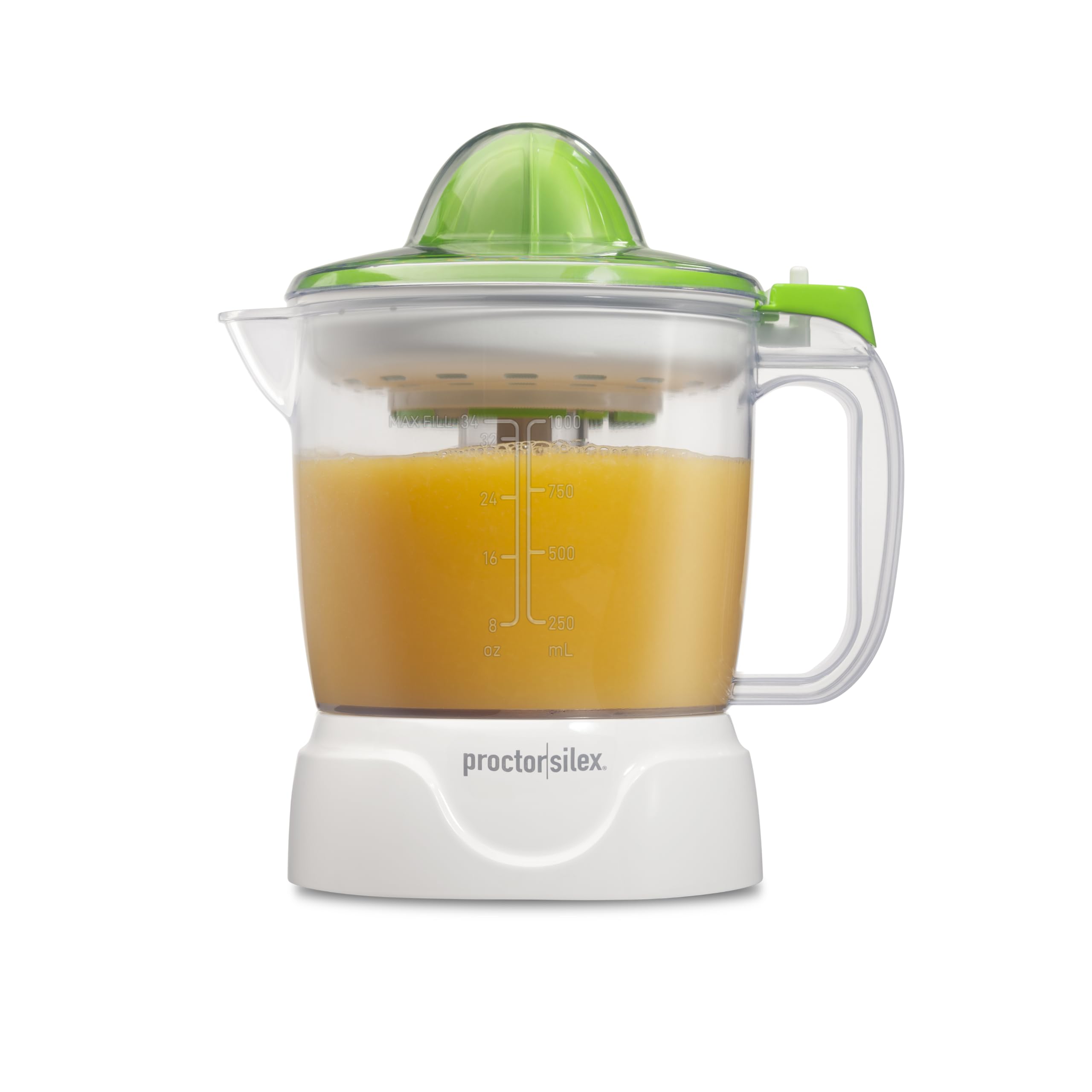 Proctor Silex Electric Citrus Juicer Machine, Large 34 oz. Pitcher, Pressure Activated, 2 Reamers for Big and Small Fruit, Pulp Control, for Orange, Lemon, Grapefruit Juice, White & Green (66340) - Image 1